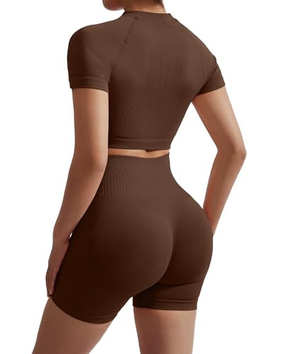 RXRXCOCO Hidden Scrunch Butt Workout Sets for Women 2 Piece Crop Tops Seamless Booty Shorts Matching Gym Yoga Outfits Brown Medium | Amazon (US)