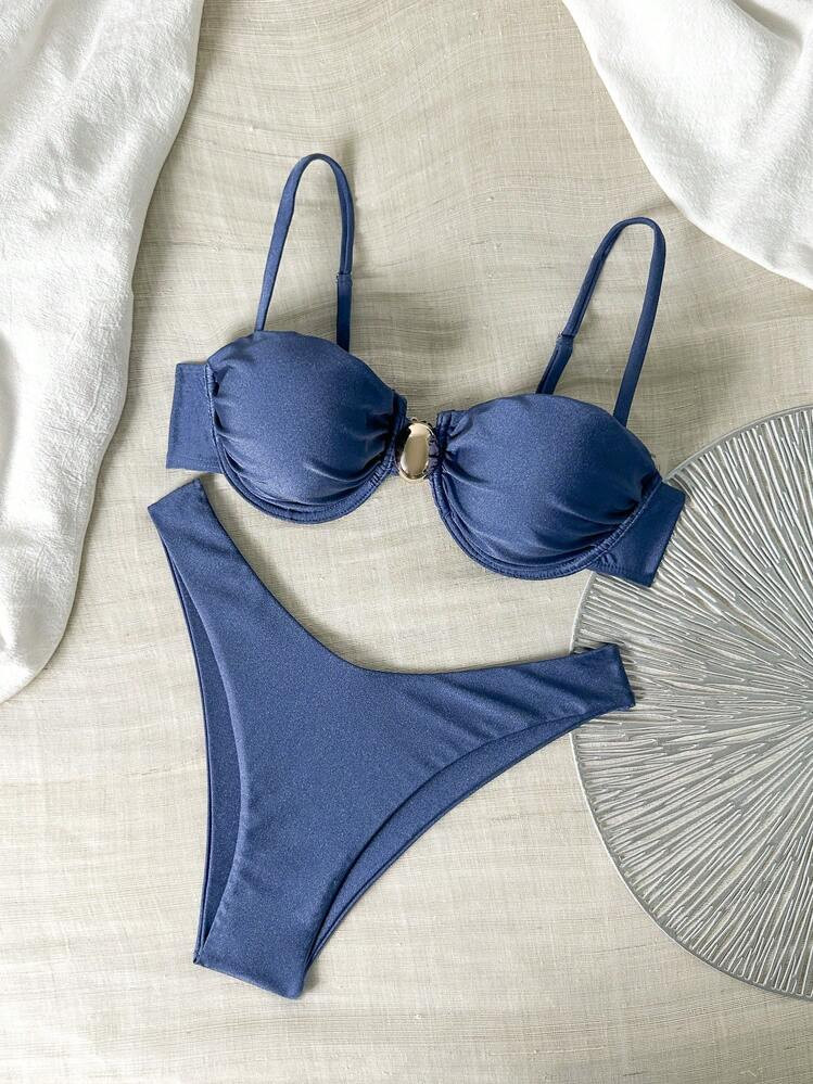 Swim Basics Women's Solid Color Spaghetti Strap Underwired Top And Swim Shorts 2pcs Summer Swimsuit Set | SHEIN