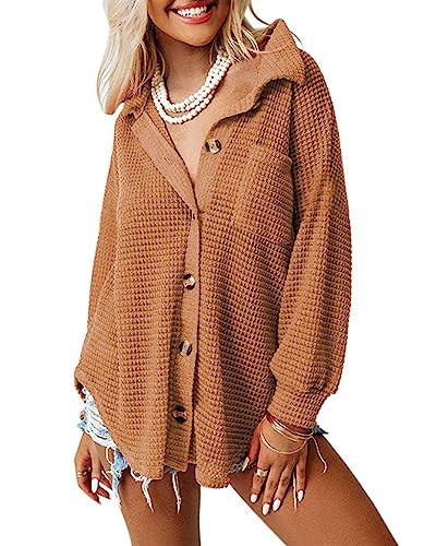 Dokotoo Button Up Shirts for Women Long Sleeve Waffle Knit Shacket Jacket Loose Fit Boyfriends Pocket Outerwear Oversized Blouses Tops Brown Small | Amazon (US)