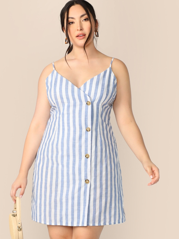 Plus Single Breasted Striped Cami Dress | SHEIN