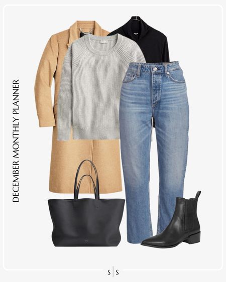 Monthly outfit planner: DECEMBER: Winter looks | camel topcoat, cashmere sweater, turtleneck tee, straight crop Jean, black western boot, tote

See the entire calendar on thesarahstories.com ✨ 

#LTKstyletip