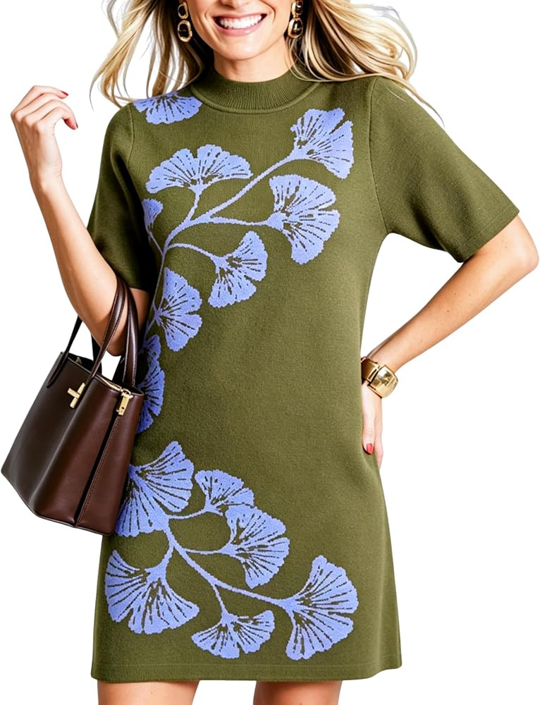 Lianlive Women Floral Knit Mini Dress Short Sleeve Sweater Dress | Amazon (US)