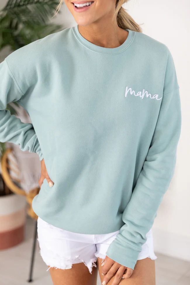 Mama Embroidered Script Dusty Blue Sweatshirt | Pink Lily