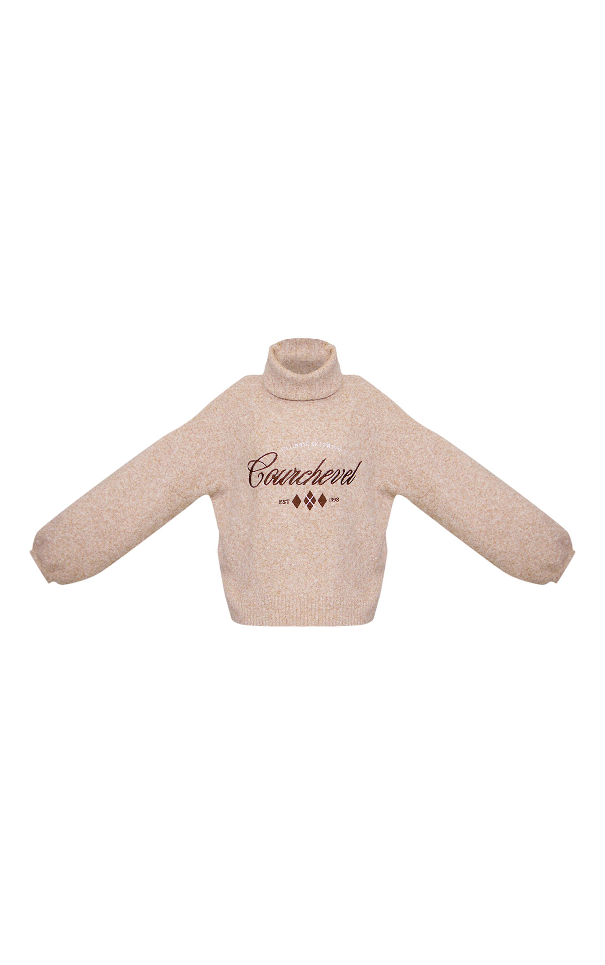 Beige Marl Graphic Oversized Roll Neck Sweater  | Knitwear | PrettyLittleThing US