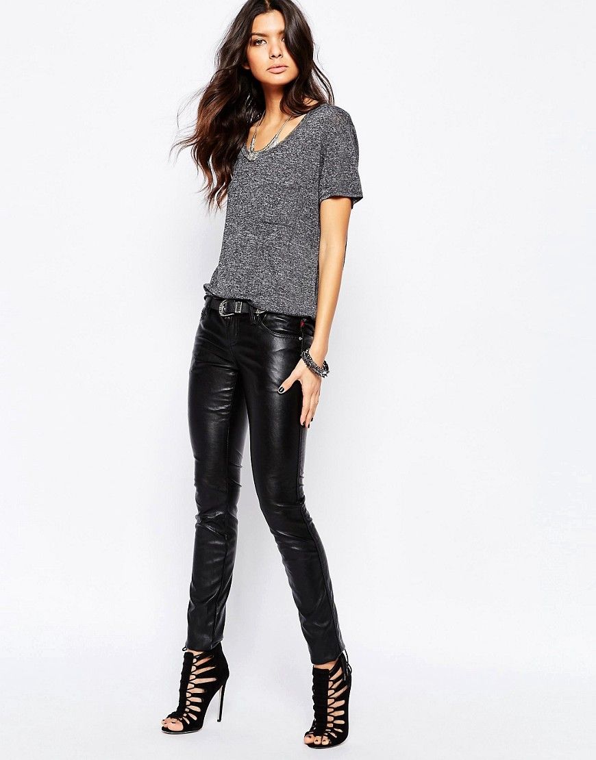 Tripp NYC Low Rise Leather Look Jean Style Pants - Black | ASOS US