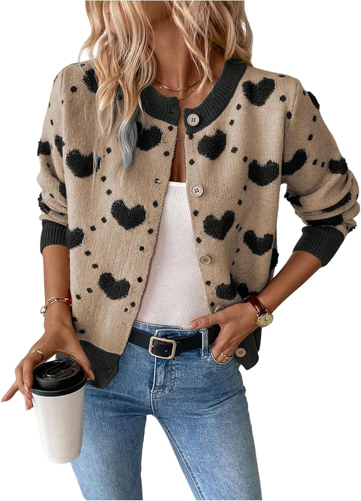 GORGLITTER Women's Heart Long Sleeve Button Down Cardigan Sweater Fall Trendy Dressy Color Block ... | Amazon (US)