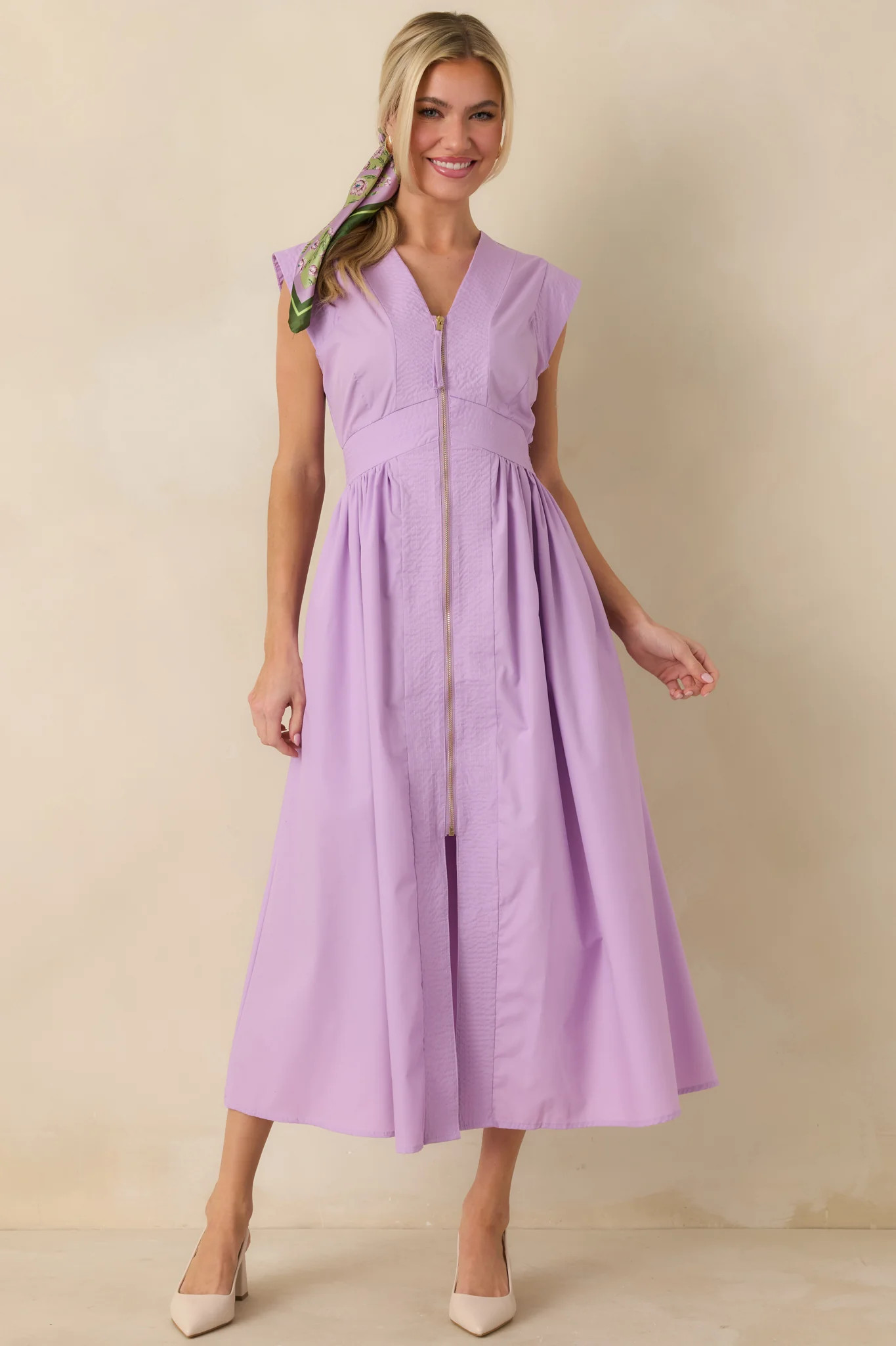 The Adeline Lavender Zip Up Midi Dress | Red Dress