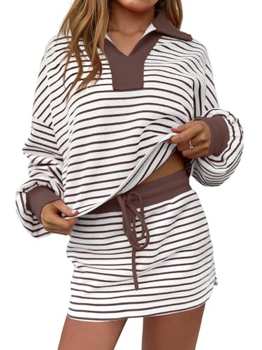 Fisoew Womens Striped 2 Piece Outfits Casual Sweatshirt Skirt Set Long Sleeve Skort Workout Set Matching Lounge Sets | Amazon (US)
