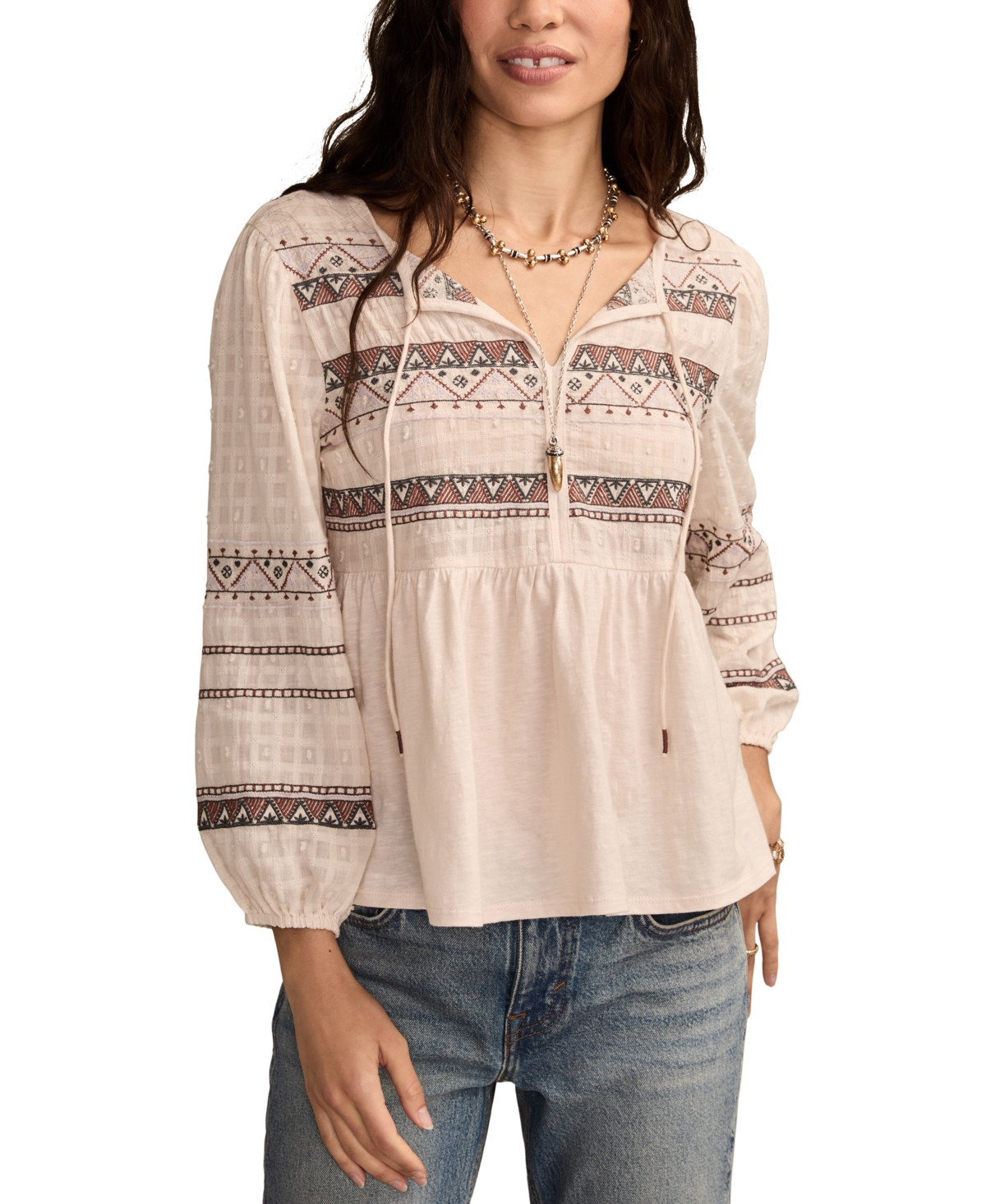 Lucky Brand Women's Mixed Trim Peasant Top - Peach Dust | Macy's
