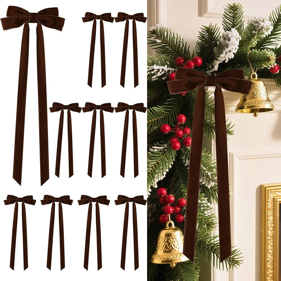 Senjie 10Pcs Large Velvet Christmas Tree Bows, 20in x 8in Premade Vintage Ribbon Tree Topper Bows... | Amazon (US)