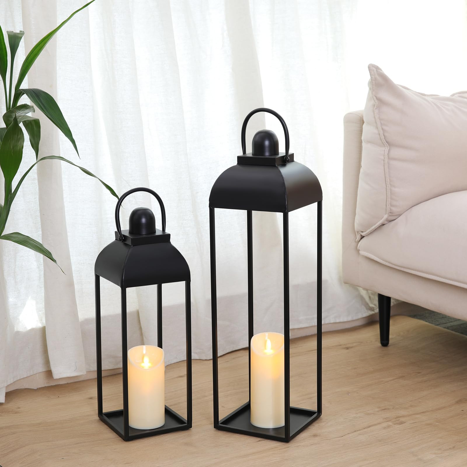 25'' 19'' Lanterns Decorative Outdoor Indoor, Black Metal Outdoor Candle Lanterns, Set of 2 Moder... | Amazon (US)