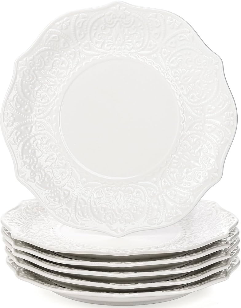SOUJOY Set of 6 Salad Plate, 8 Inch Porcelain Dessert Serving Plates, Embossed Printing Small Din... | Amazon (US)