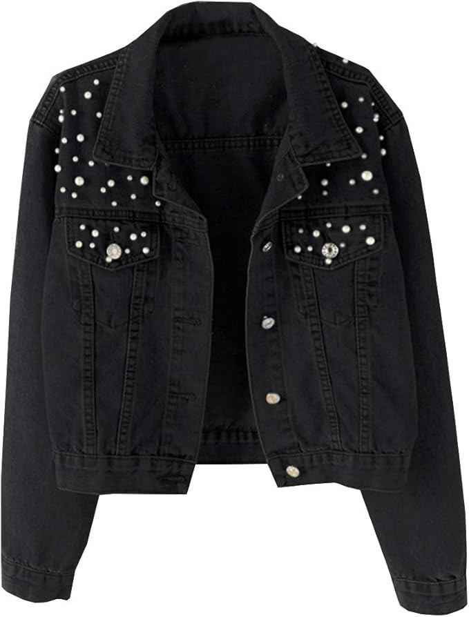 Kedera Women Oversized Denim Jacket Embroidered Pearls Beading Jeans Coat | Amazon (US)