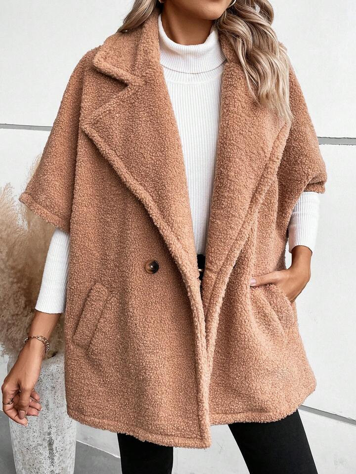 SHEIN LUNE Revers nek Vleermuis mouw Dubbel Rijn Knoppen Teddyjas | SHEIN