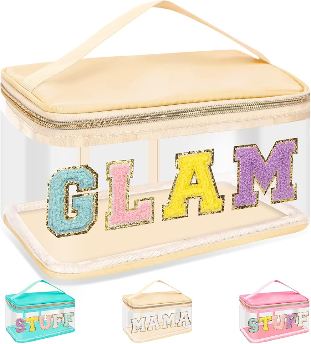 Chenille Letter Clear Makeup Bags Glam Pouch, Preppy Patch Makeup Bag Zipper with Handle, Transparen | Amazon (US)