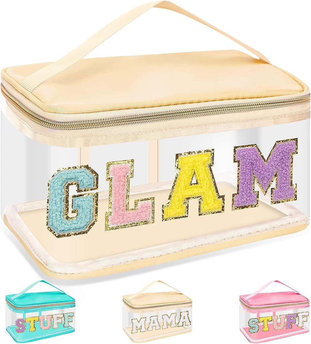 Chenille Letter Clear Makeup Bags Glam Pouch, Preppy Patch Makeup Bag Zipper with Handle, Transparen | Amazon (US)