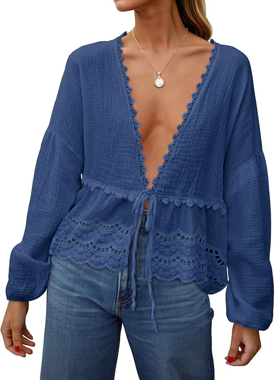 Tankaneo Womens Deep V Neck Tie Front Blouse Cotton Long Puff Sleeve Eyelet Tops Cute Lace Trim F... | Amazon (US)
