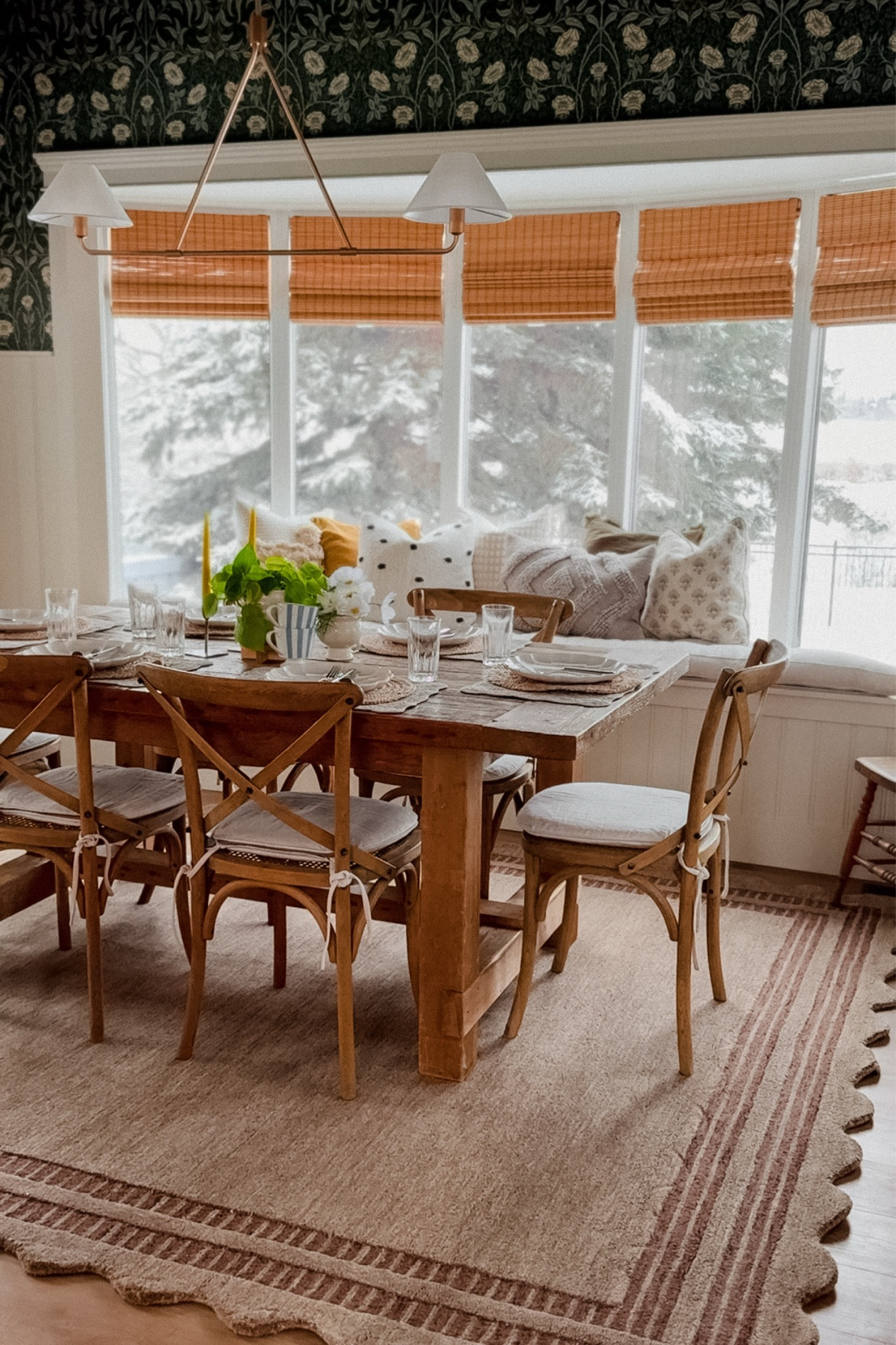 English country cottage inspired dining room, green floral wallpaper, twopages bamboo shades, rustic dining table, chrislovesjulia loloi scalloped rug


#LTKHome #LTKSaleAlert #LTKStyleTip