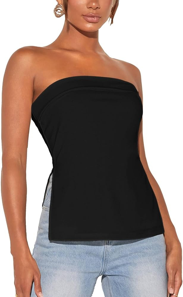 Floerns Women's Solid Strapless Bandeau Split Hem Casual Tube Top | Amazon (US)