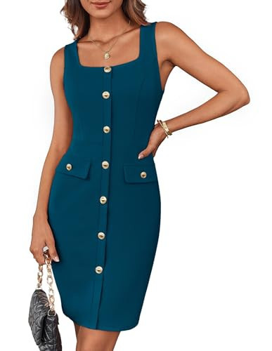 GRACE KARIN Women Business Work Dress Sleeveless Buttons Belted Square Neck Dress Bodycon Midi Dress Peacock Blue XXL | Amazon (US)