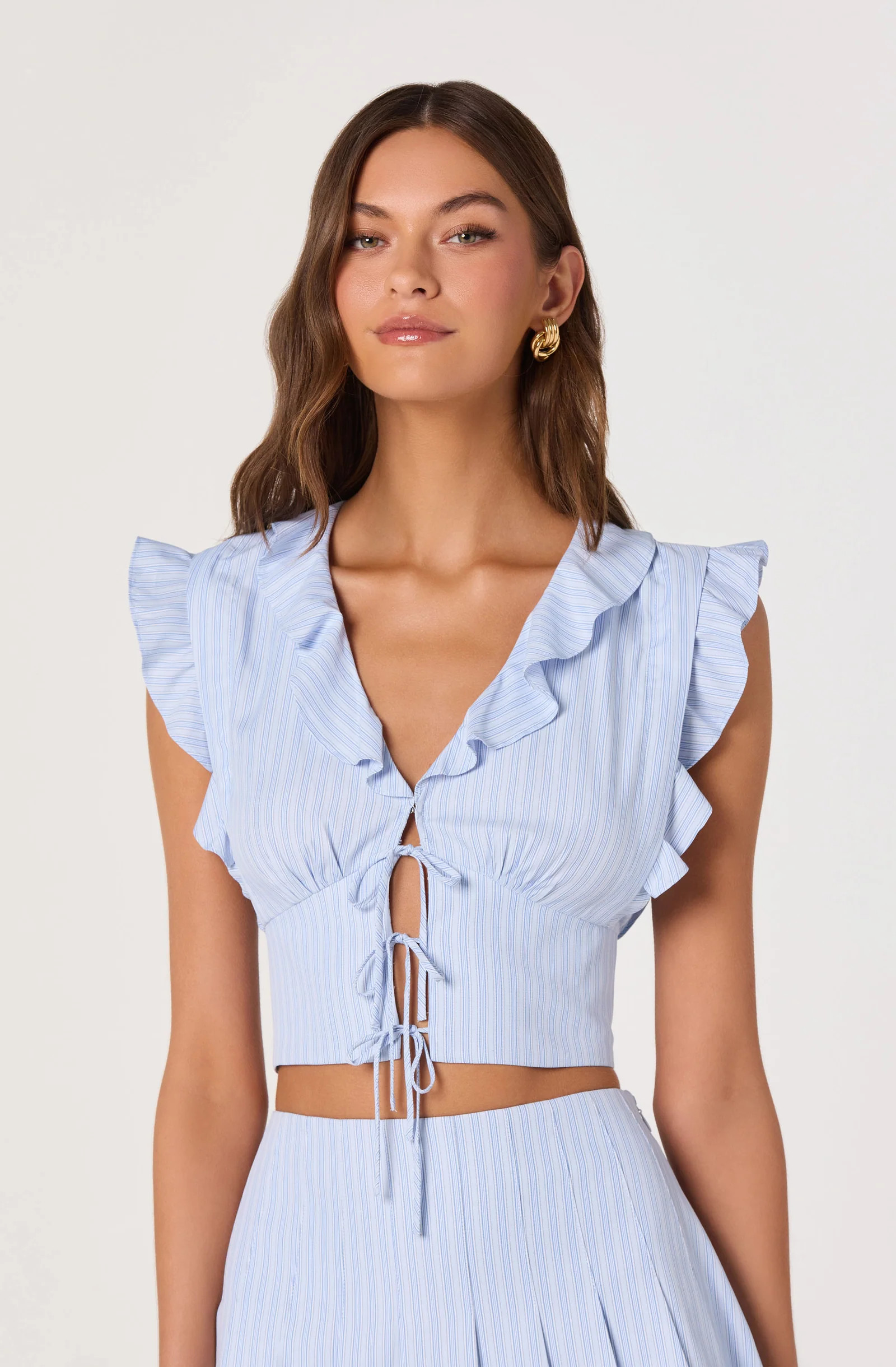 Zira Ruffle Trim Tie-Front Top - Blue stripe / XS | ASTR The Label (US)