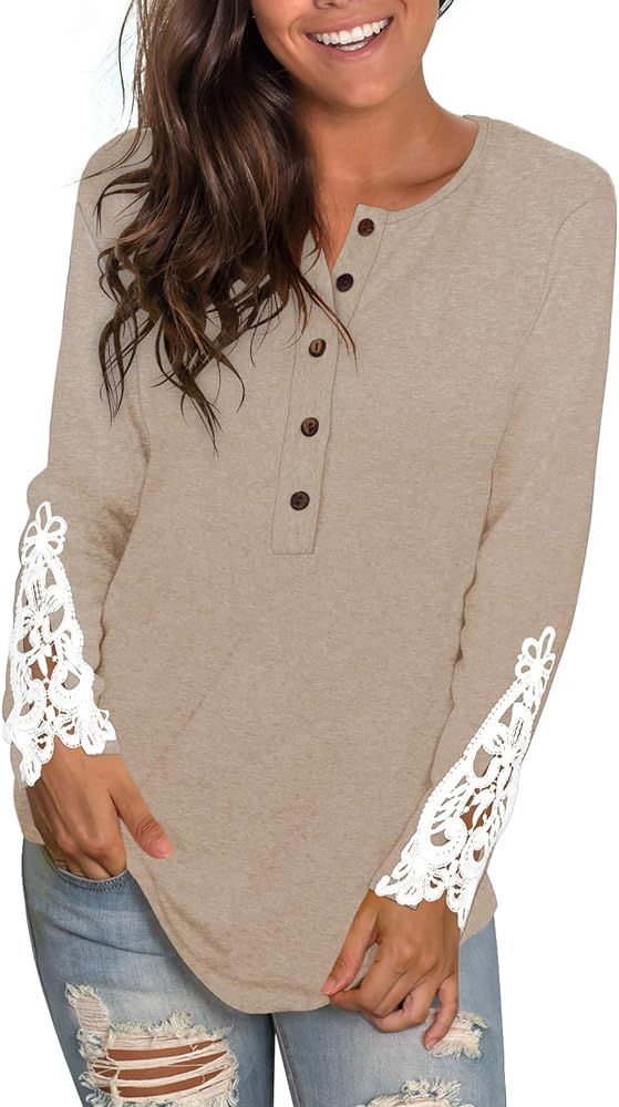 WIHOLL Womens Long Sleeve Solid Color Round Neck Lace Buttons Tunic Tops Henley Shirts | Amazon (US)