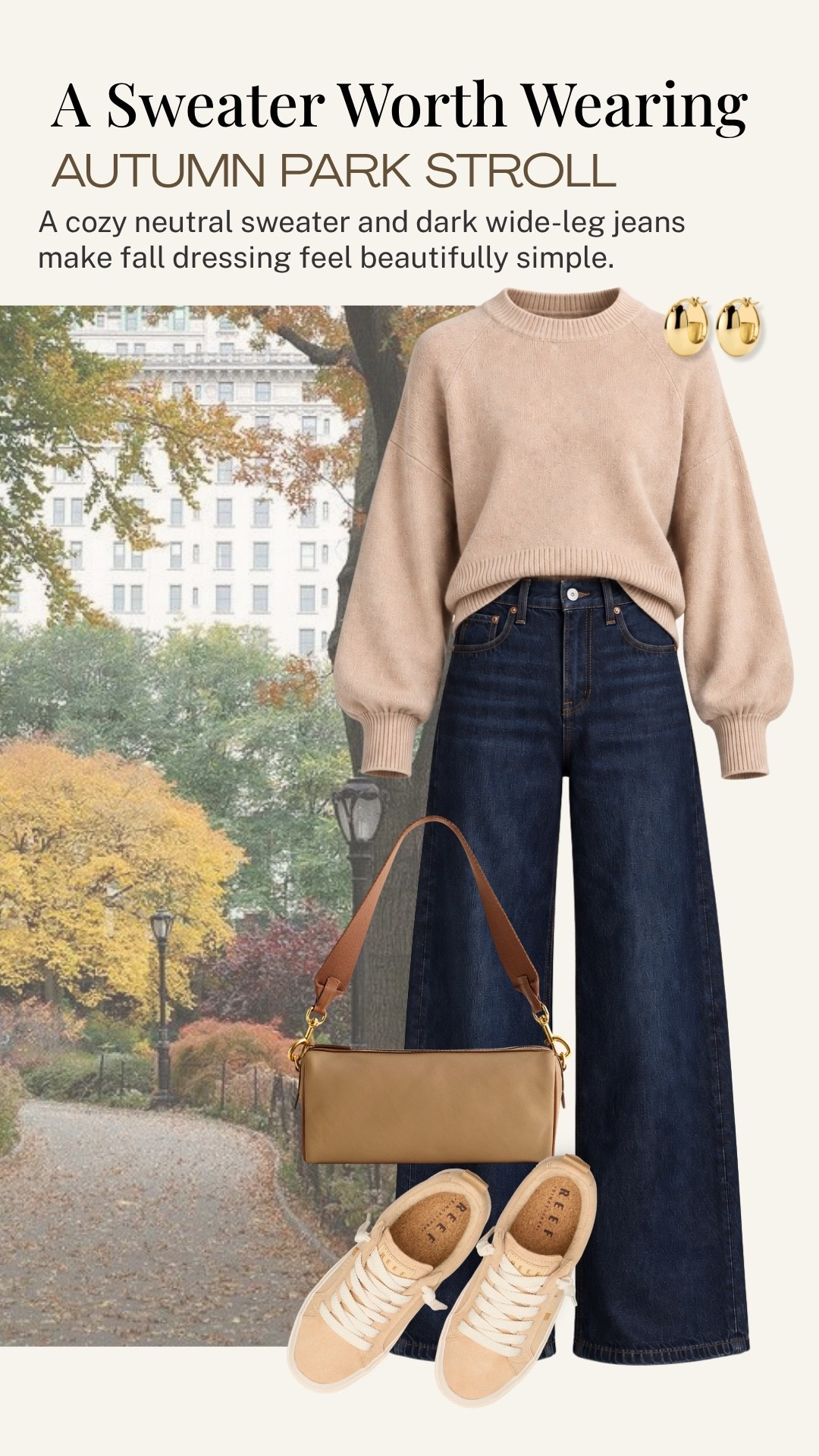 A cozy neutral sweater and dark wide-leg jeans are such an easy combination for fall. I love the soft blush-beige tone paired with dark denim and casual sneakers for a relaxed, polished look that’s perfect for an autumn park stroll.

#LTKootd #LTKdayinmylife #LTKOver40