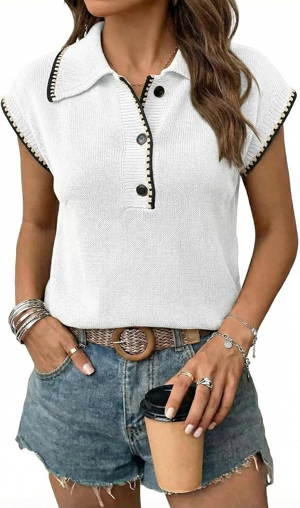 Dokotoo Womens Short Sleeve Sweater Spring Summer Tops Button Collar Lightweight Knit Sweaters Va... | Amazon (US)