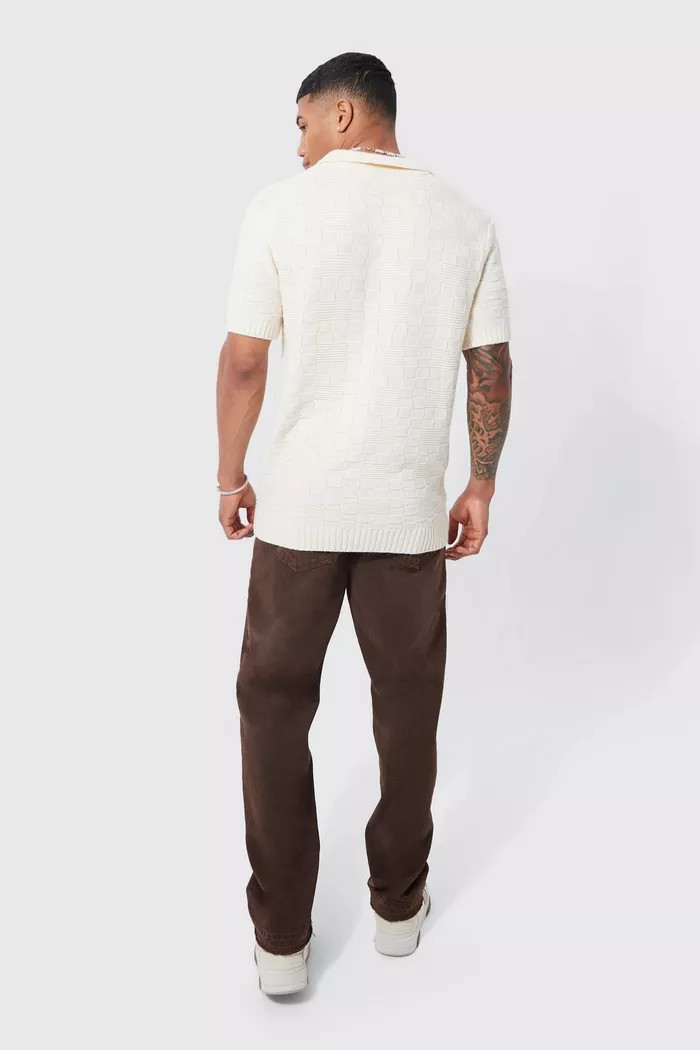 Open Weave V Neck Revere Textured Polo | Boohoo.com (US & CA)