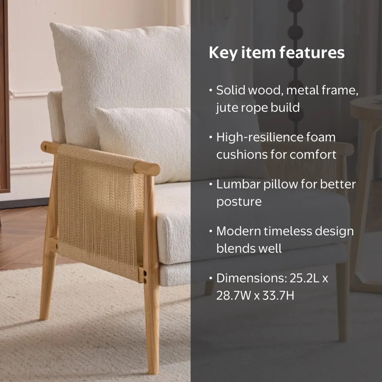 Ktaxon Accent Chair, Solid Wood and Jute Rope Armrests Armchair, Single sofa with Lumbar Pillow f... | Walmart (US)