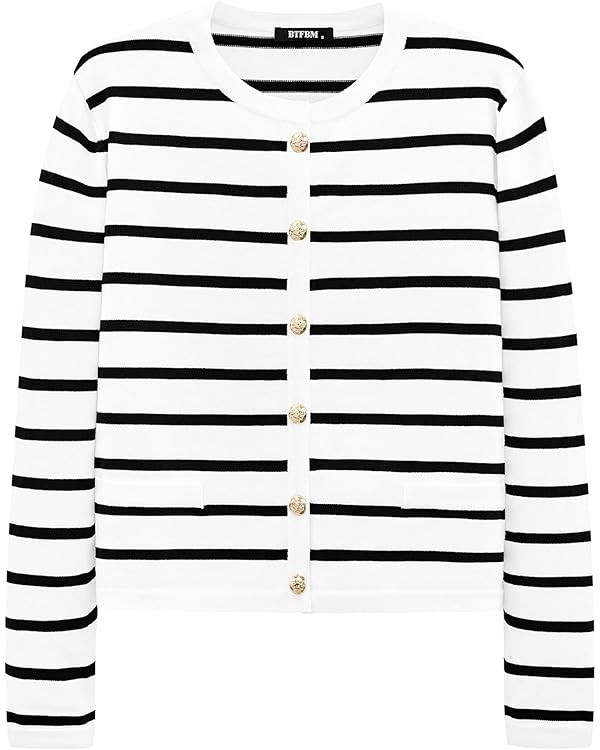 BTFBM Women's Cardigans Sweater 2024 Fall Striped Long Sleeve Button Down Crop Open Front Knit Ou... | Amazon (US)