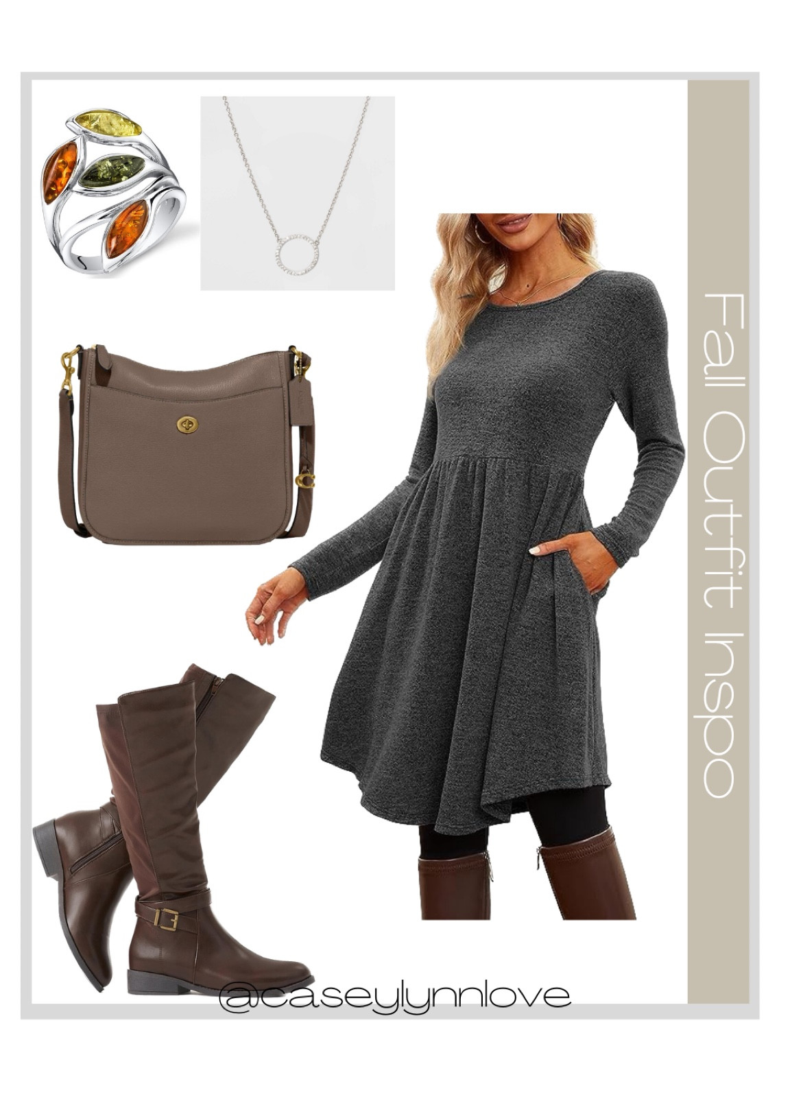 Fall outfit inspo 

Fall dress, handbag, fall jewelry, brown knee high boots 

#LTKSeasonal #LTKstyletip #LTKshoecrush