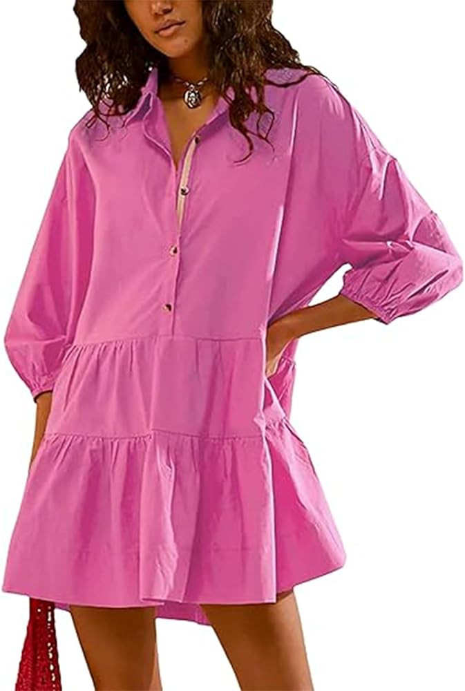 Zontroldy Women's Oversized Casual Collared Babydoll Mini Dresses Puff Sleeve A-line Tiered Shirt... | Amazon (US)