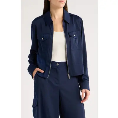 Bernardo Satin Zip Up Jacket in Evening Blue at Nordstrom, Size Small | Nordstrom
