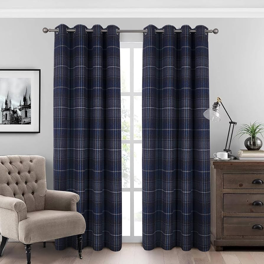 always4u Woolen Look Plaid Curtains Modern Window Panels Navy Blue Check Tartan Curtains for Livi... | Amazon (US)