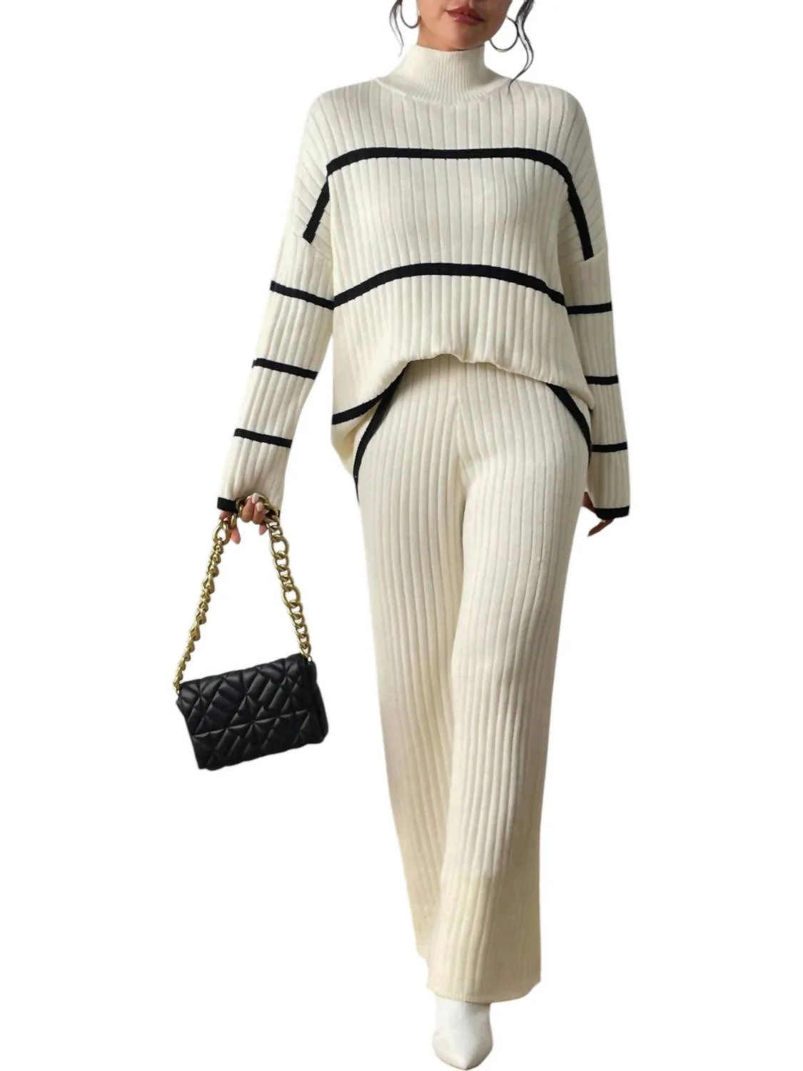 Stripped Top Knit Pants Set In White | Shop Simon