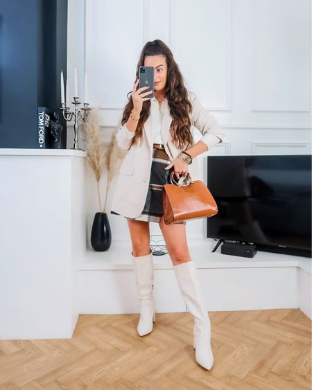 Brown and cream outfit of the day 🤎🤍 autumn outfit idea, fall fashion, plaid mini skirt, cream knee high boots, cream collar knit, cream blazer, tan bag and tan leather belt 🍂 

#LTKstyletip #LTKSeasonal #LTKeurope