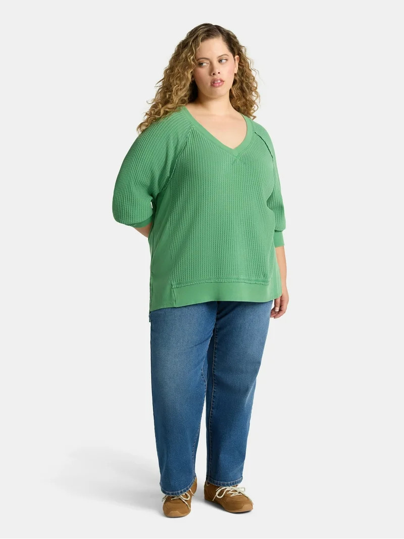 Time and Tru Women's and Women's Plus V Neck Tunic Sweatshirt with Long Sleeves, Sizes XS-4X - Wa... | Walmart (US)