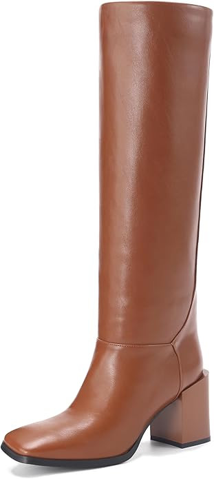 Women's Knee High Boots Chunky Heel Square Toe Side Zipper Tubular Leg Soft Lichee PU Leather Cla... | Amazon (US)