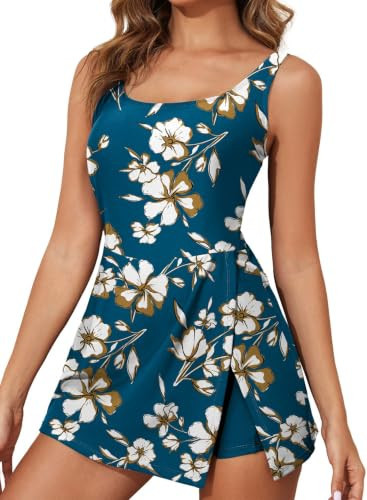 Aleumdr One Piece Swimdress Swimsuit for Women Tummy Control Split Swim Dress Skirt Bathing Suit with Pockets Blue Printed Small | Amazon (US)