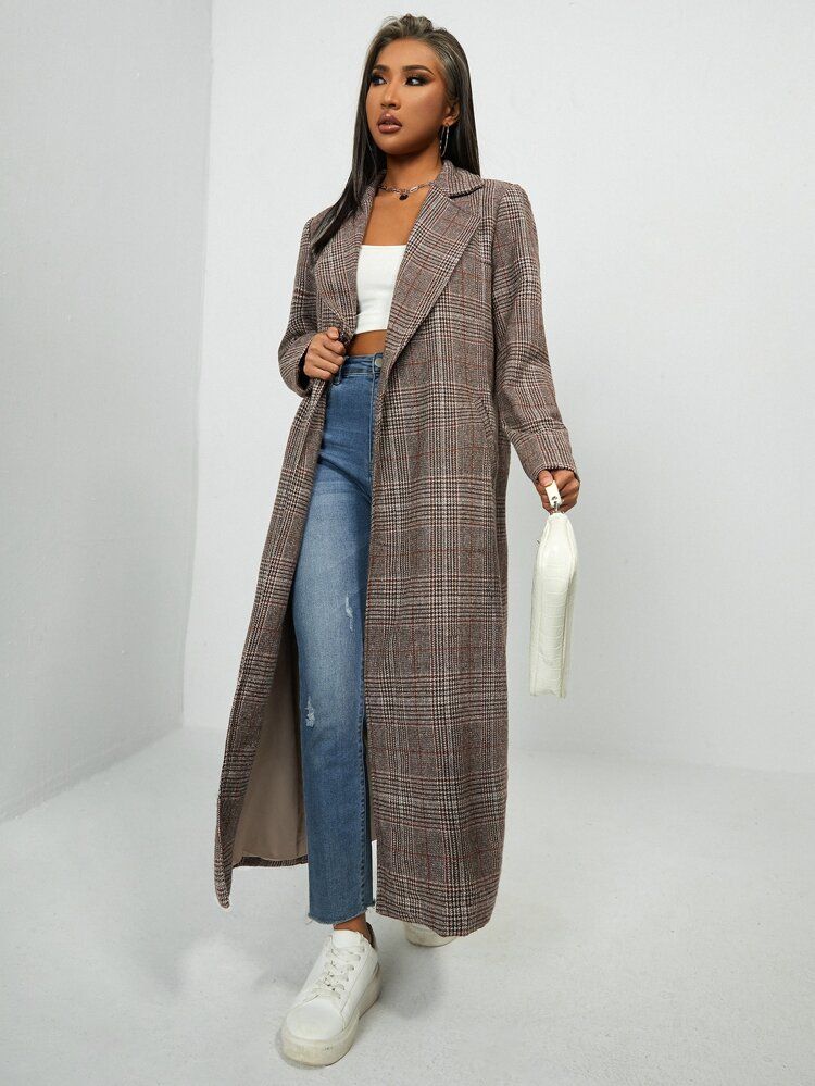 SHEIN Plaid Single Button Longline Coat | SHEIN