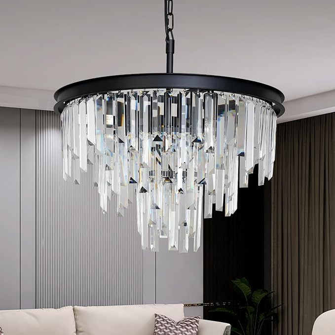20'' Modern Crystal Chandelier, Black Round Ceiling Light with Clear Prisms, Luxury Flush Mount L... | Amazon (US)