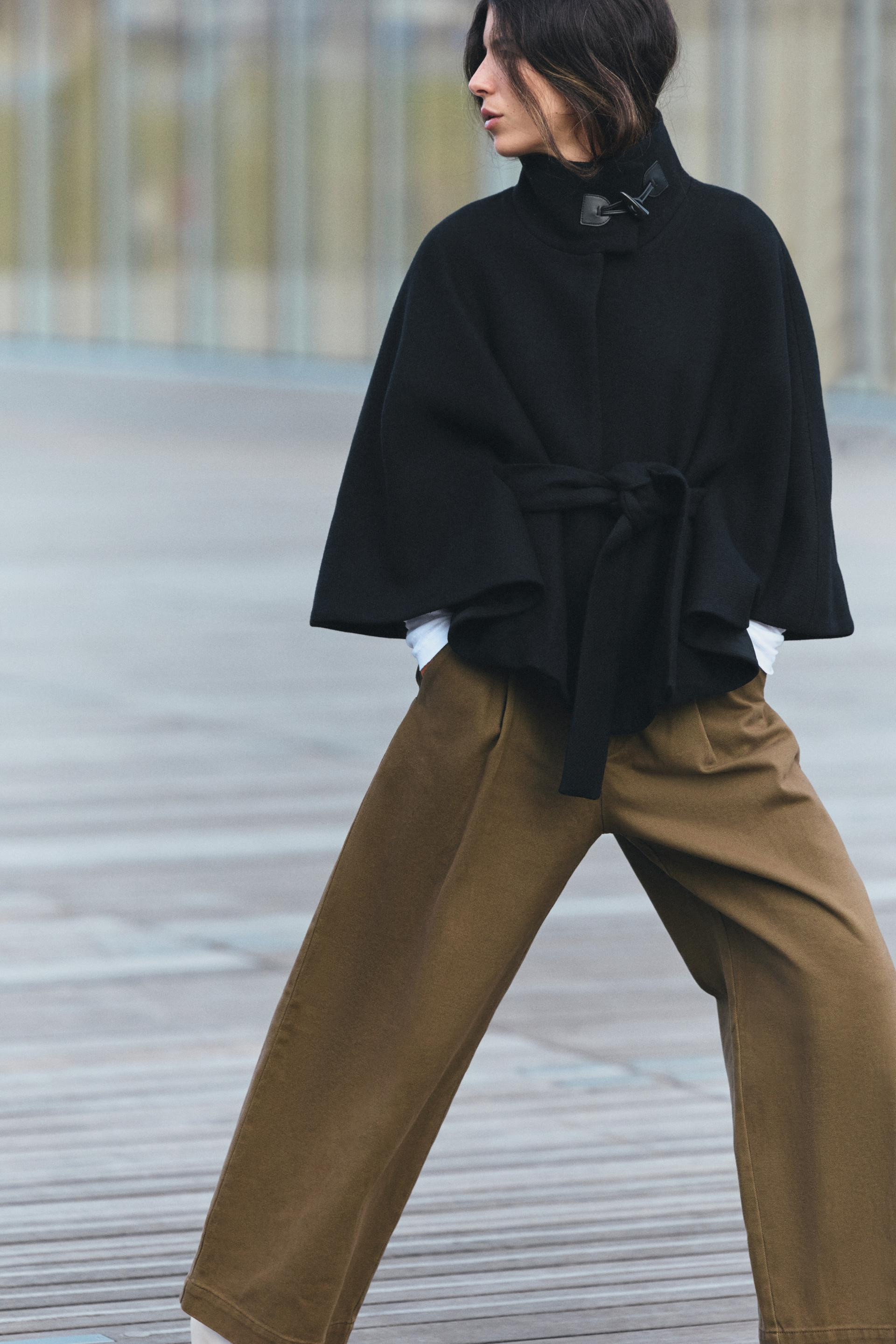 Zara - Wool Cape Coat With Belt - Black - M-L - Woman | Zara US