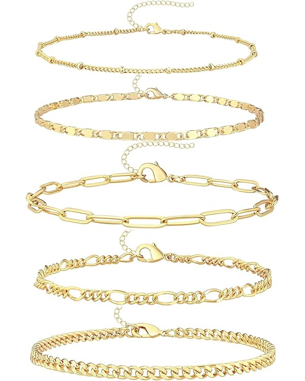 Reoxvo Dainty Gold Chain Bracelets Set for Women 14K Real Gold Plated Link Chain Bracelets for Wo... | Amazon (US)