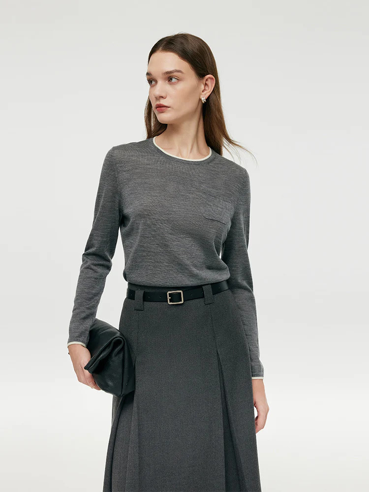 Pure Wool Women Long Sleeve Top - Dark Melange Grey / XXS | GOELIA