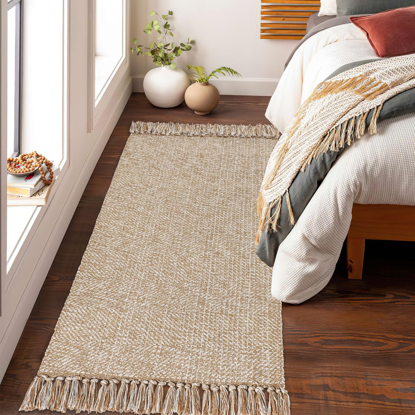 Boho Bedroom Rugs,2'x4.3' Tan Cream Washable Throw Rug Cotton Woven Front Entryway Rug, Farmhouse... | Amazon (US)