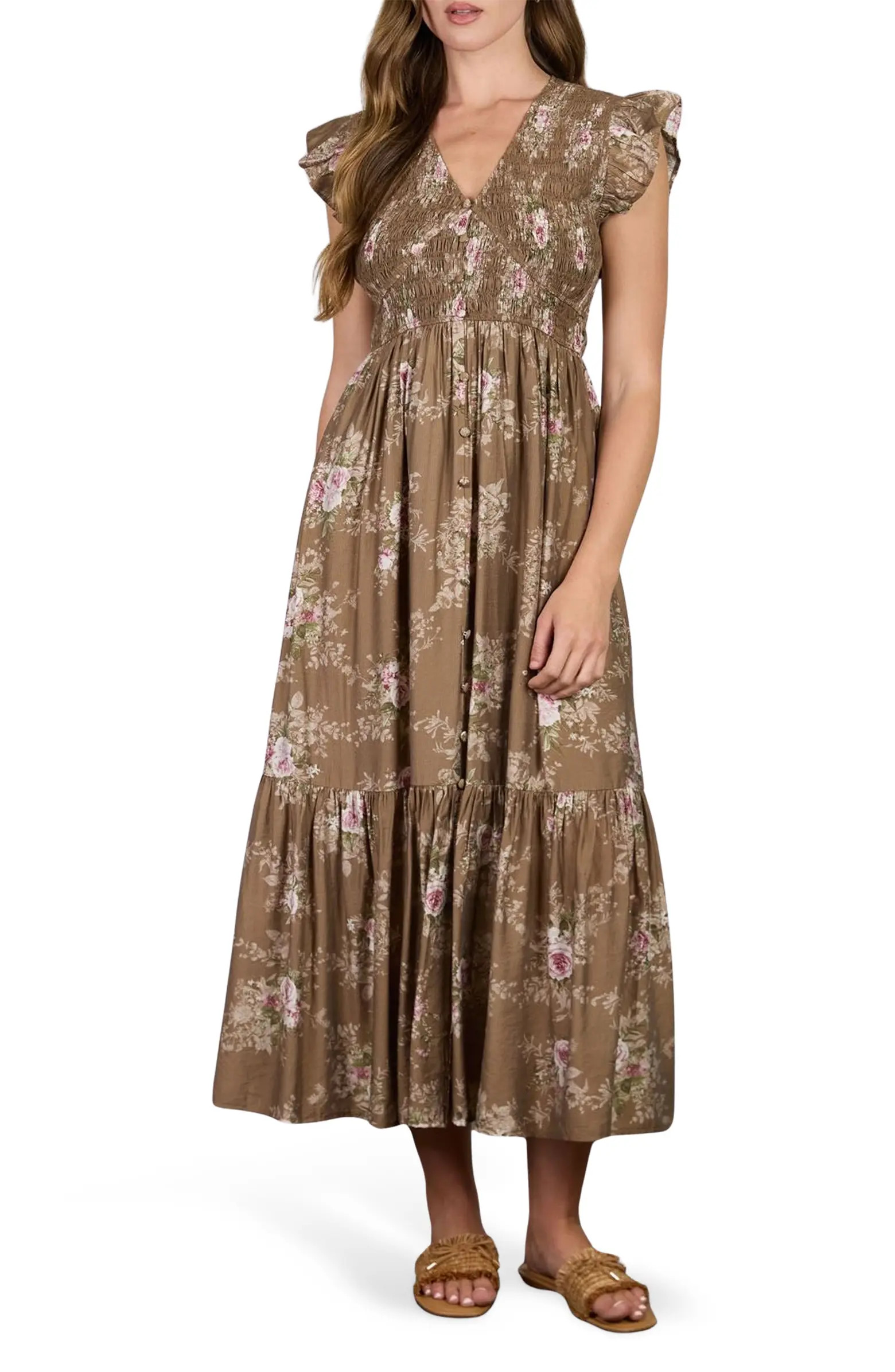 AUGUST SKY Floral Smocked Midi Dress | Nordstromrack | Nordstrom Rack