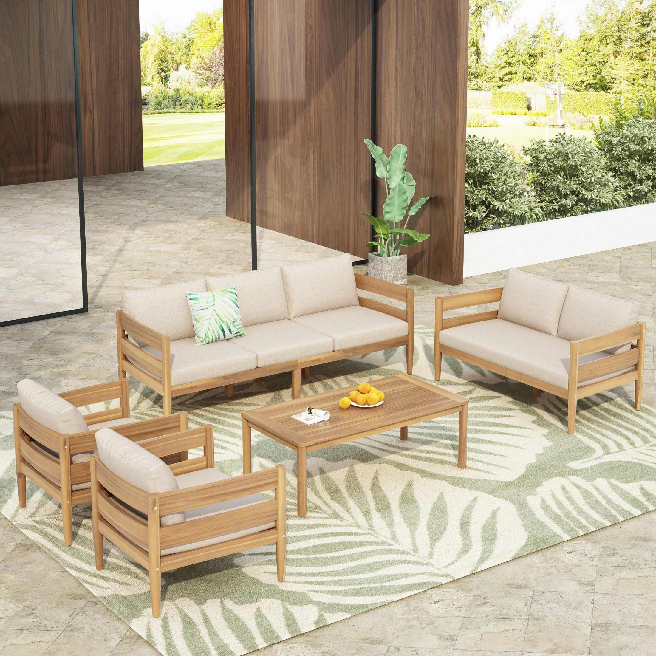 Christopher Knight Home 5-Piece Outdoor Patio Conversation Set for 7, Acacia Wood Frame with Cush... | Walmart (US)