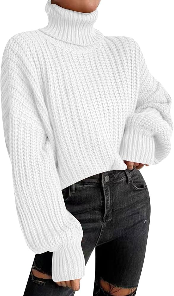 Womens Cropped Turtleneck Sweater Ribbed Knit Lantern Sleeve Fall Pullover Sweaters | Amazon (US)