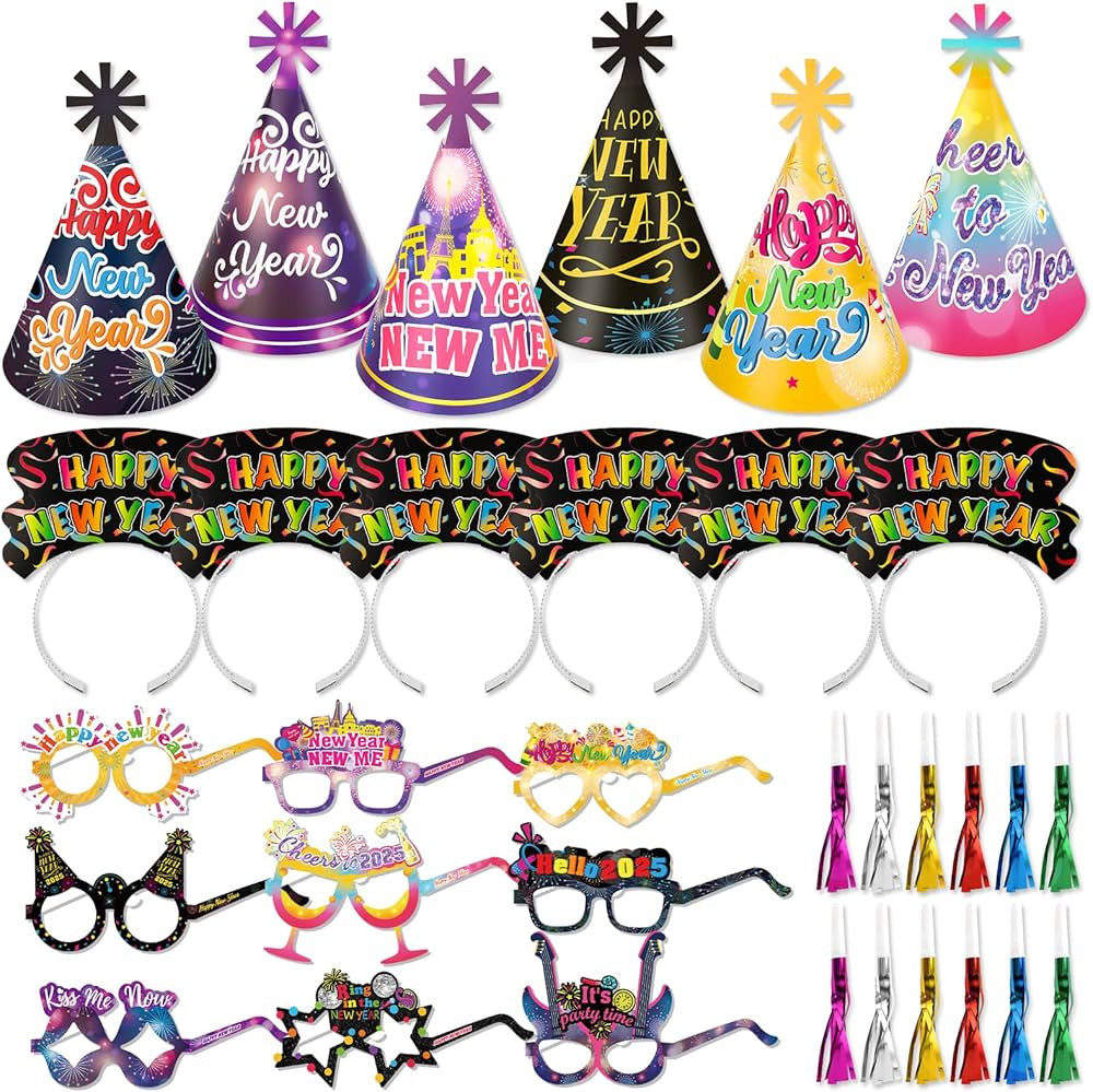 HOWAF New Years Eve Party Supplies -42pcs Happy New Year Cone Hats Fringed Noisemaker Headpieces ... | Amazon (US)